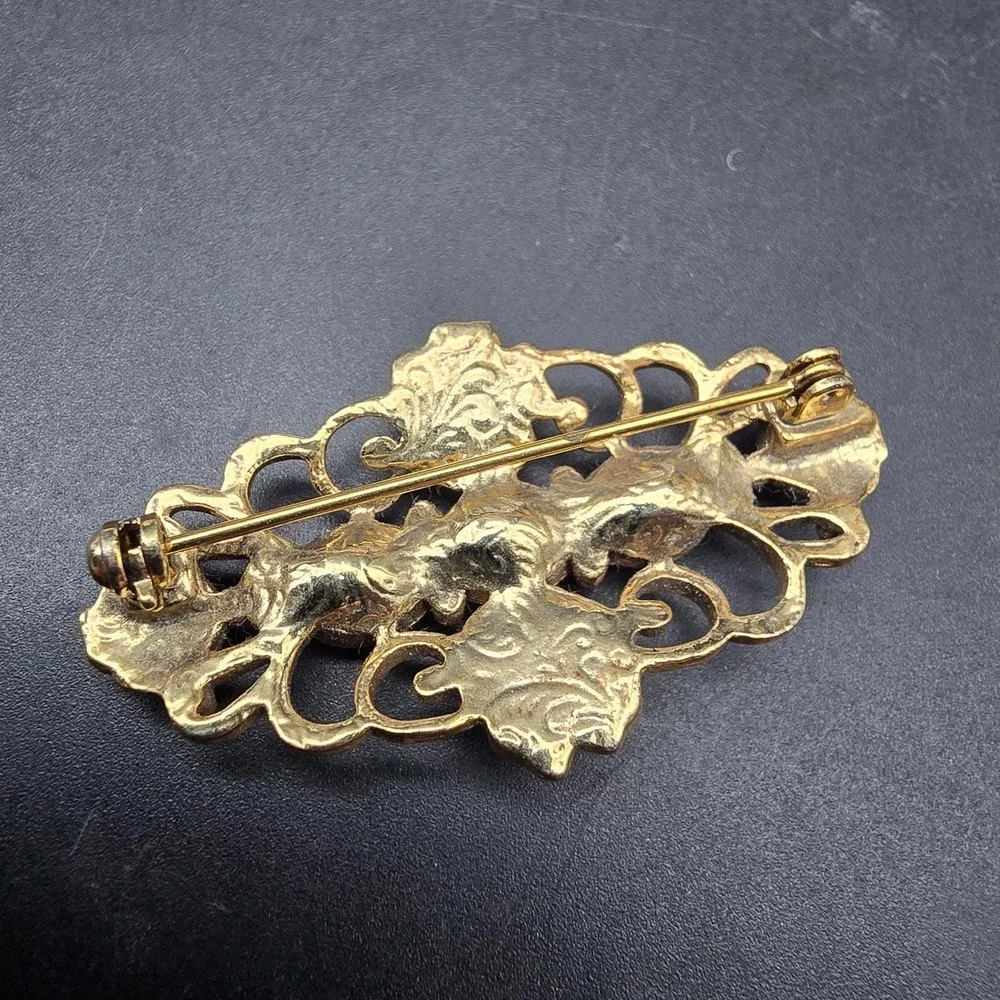 1928 Brand Brooch Gold Tone Filigree Rhinestone Faux Pearl